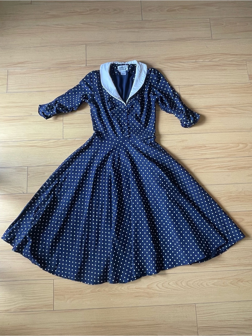 Unique Vintage Navy Polka Dot Fit-and-Flare Dress with White Collar